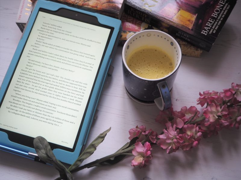 what I am reading books, kindle and cup of matcha